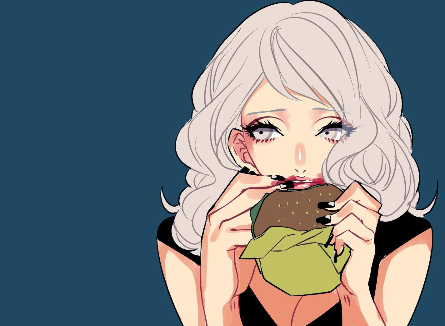 1girl, black_nails, blue_background, breasts, cleavage, fake_nails, food, grey_eyes