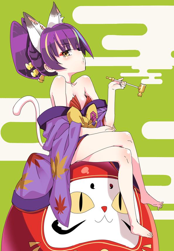 1girl, bare_legs, barefoot, daru_dayu, gengorou, japanese_clothes, kimono, looking_at_viewer