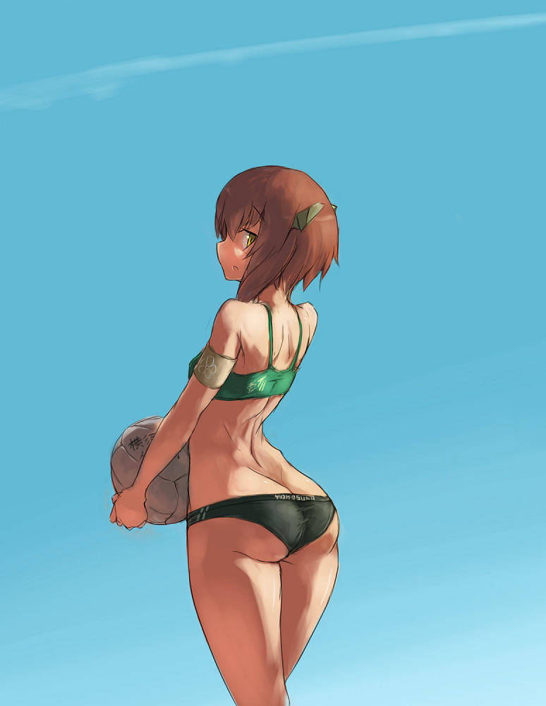 1girl, ass, back, ball, bare_shoulders, bikini, brown_hair, flat_chest