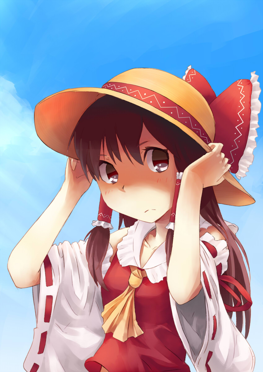 1girl, alternate_hair_length, alternate_hairstyle, alternate_headwear, ascot, blue_sky, blush, bow