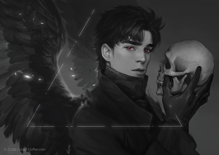 angel_wings, coat, gloves, greyscale, holding, jojo_no_kimyou_na_bouken, jonathan_joestar, monochrome