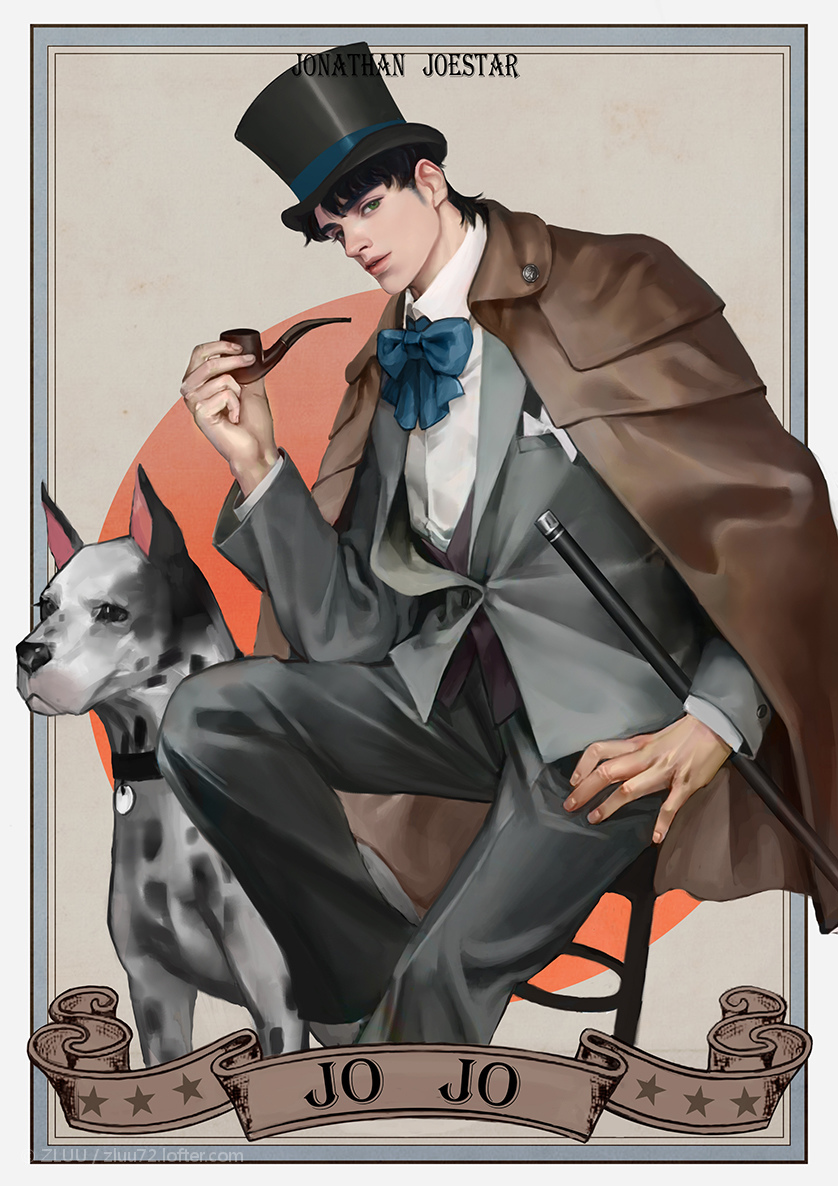 black_hair, blue_eyes, cane, character_name, collar, danny_(jojo), dog, dog_collar
