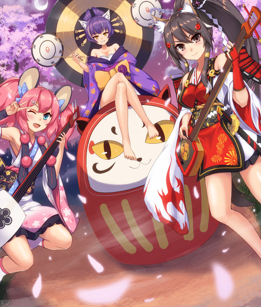 3girls, a_(show_by_rock!!), absurdres, animal_ears, barefoot, black_hair, blue_eyes, breasts, brown_eyes, cat_ears, cherry_blossoms, cleavage, daru_dayu, eruthika, guitar, happy, highres, instrument, moon, multiple_girls, one_eye_closed, pink_hair, ponytail, purple_hair, show_by_rock!!, smile, tail, twintails, un_(show_by_rock!!), yellow_eyes