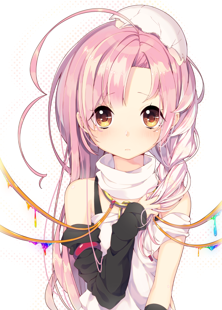 1girl, ahoge, asymmetrical_clothing, blush, brown_eyes, detached_sleeves, eggshell, frown