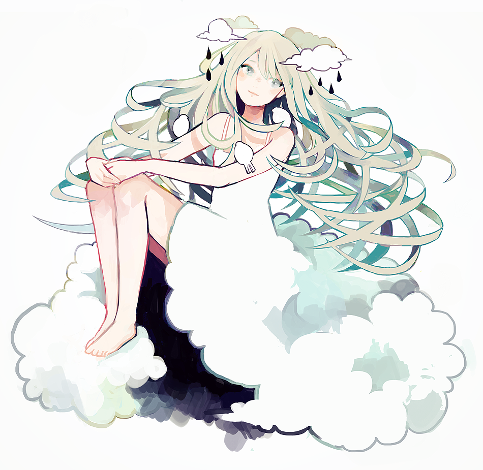 1girl, bird, clouds, dress, green_eyes, green_hair, hands_on_knees, legs_folded, light_smile, long_hair, looking_to_the_side, original, rain, silhouette, simple_background, sitting, solo, tofuvi, very_long_hair, white_background