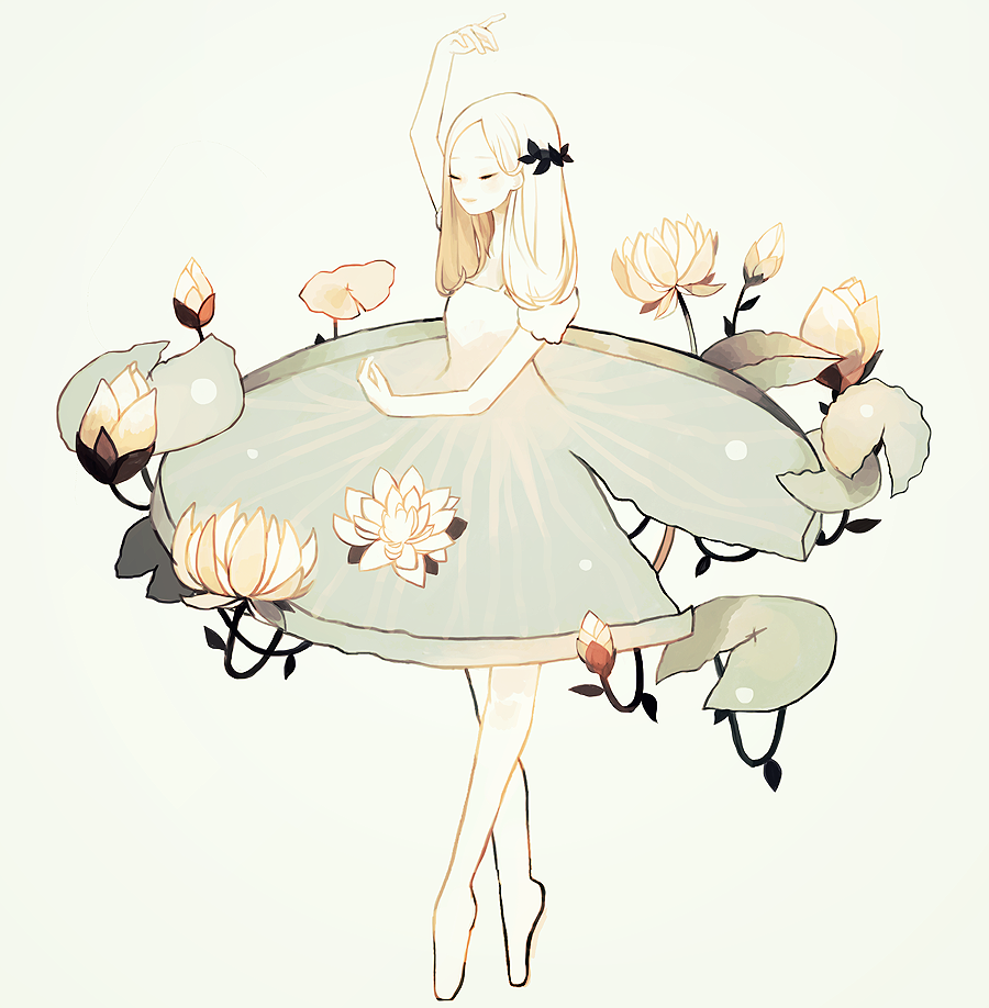 1girl, arm_up, ballerina, ballet, blonde_hair, closed_eyes, flower, green_background