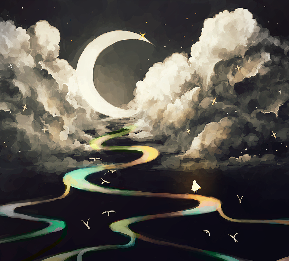 1girl, bird, clouds, contrast, crescent, night, night_sky, original
