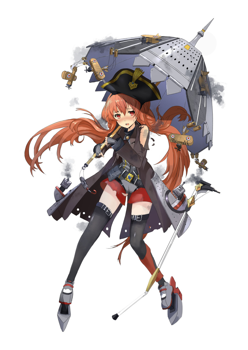 1girl, absurdres, airplane, argus_(warship_girls_r), biplane, blush, feirla, highres, long_hair, redhead, solo, thigh-highs, torn_clothes, umbrella, warship_girls_r, weapon