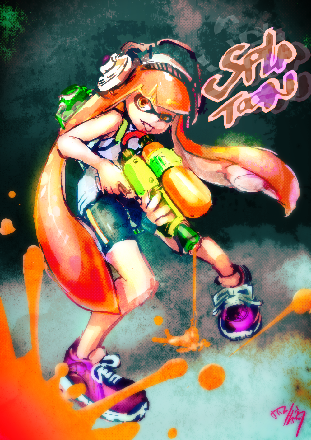 1girl, animal_humanoid, anthro, bike_shorts, bloom, cephalopod, cephalopod_humanoid, copyright_name