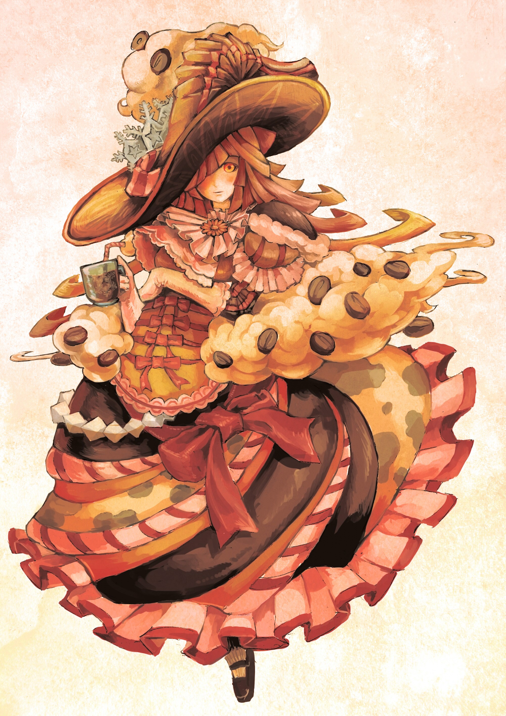 1girl, bow, breast_hold, clouds, coffee, coffee_beans, cup, deadman3104