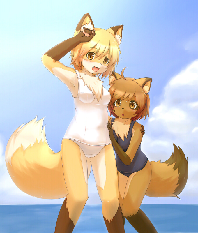 2girls, ahoge, animal_ears, armpits, clouds, fang, fox_ears, fox_tail, furry, ka_(pixiv341010), ocean, open_mouth, orange_eyes, school_swimsuit, sky, smile, swimsuit, tail