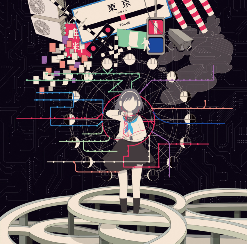 1girl, air_conditioner, black_legwear, black_skirt, blue_necktie, circuit_board, commentary_request, faceless