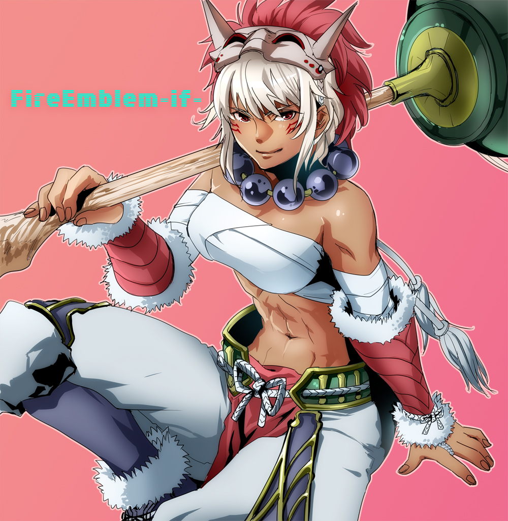 1girl, abs, bandages, copyright_name, dark_skin, facial_tattoo, fire_emblem_if, horns