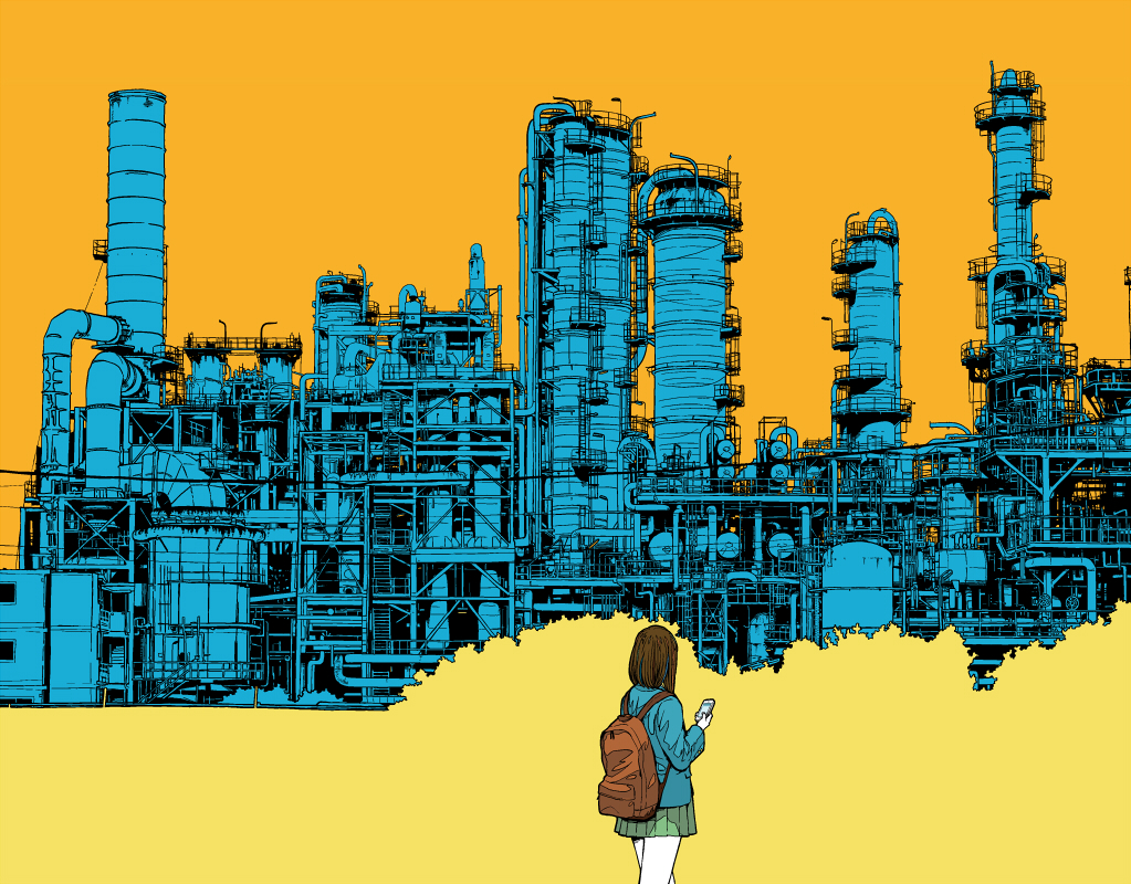 1girl, backpack, bag, blue, brown_hair, cellphone, factory, industrial