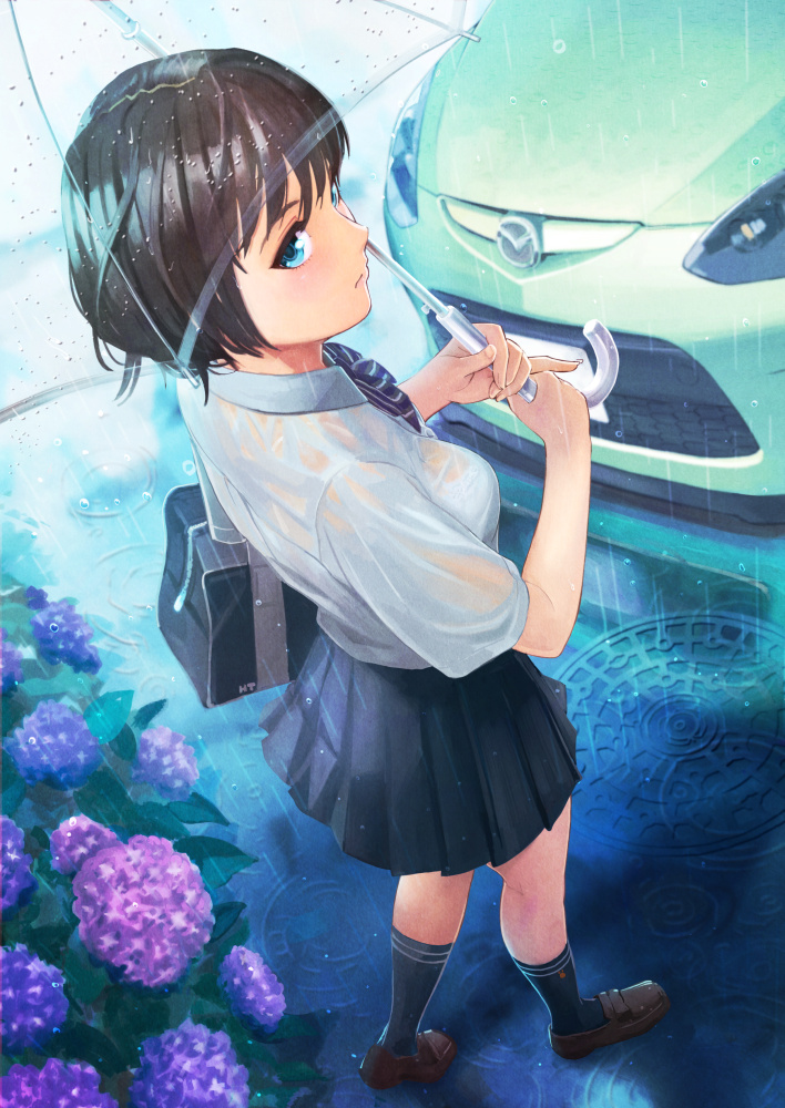 1girl, aqua_eyes, bag, bra, brown_hair, car, flower, hydrangea
