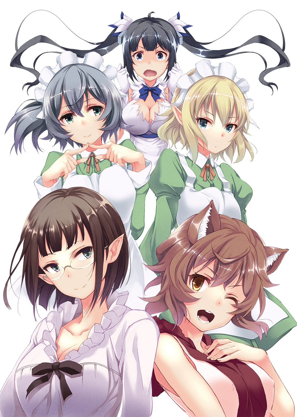 5girls, animal_ears, aqua_eyes, black_hair, blonde_hair, blue_eyes, breasts, brown_eyes