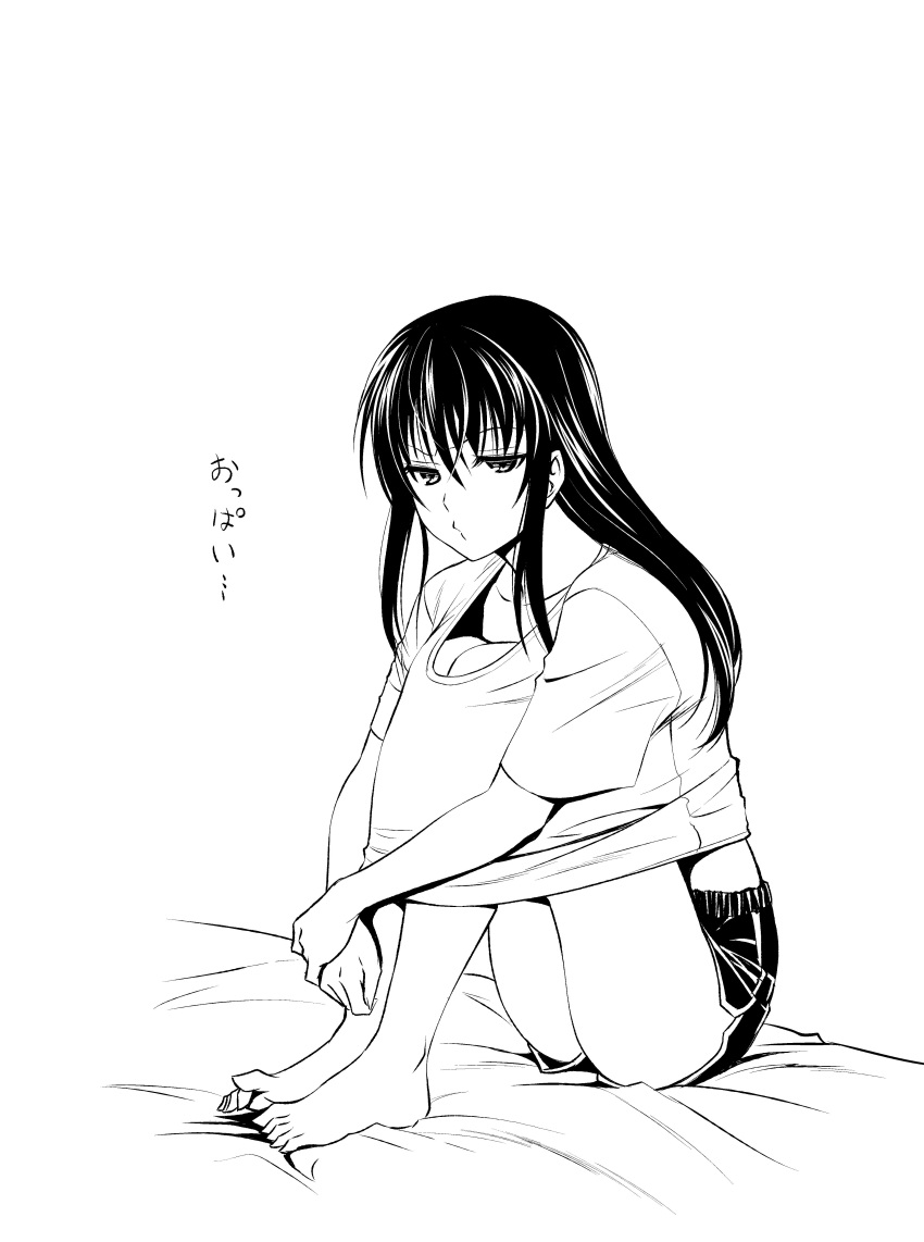 1girl, absurdres, aoki_kanji, bare_legs, barefoot, breast_conscious, collarbone, highres