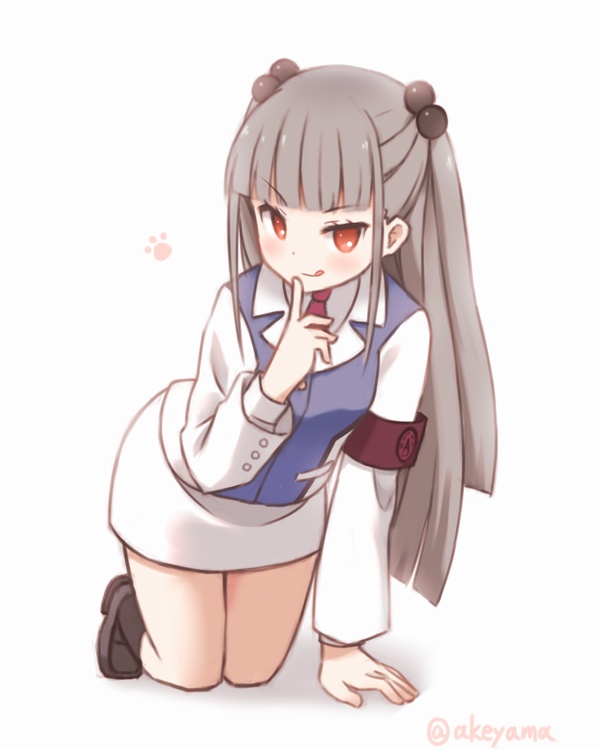 1girl, :q, akeyama, armband, bangs, blunt_bangs, blush, grey_hair, hair_bobbles, hair_ornament, hand_on_own_face, necktie, orange_eyes, school_uniform, solo, tongue, tongue_out, two_side_up, yuri_kuma_arashi, yurizono_mitsuko
