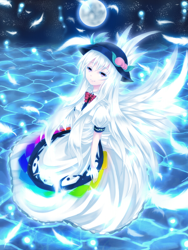 1girl, alternate_costume, alternate_hair_color, angel_wings, aru_gunsou, caustics, feathers, food, fruit, full_moon, g-tenko-r, hat, hinanawi_tenshi, long_hair, looking_at_viewer, m.u.g.e.n, moon, peach, pink_eyes, sky, smile, solo, standing, standing_on_water, star_(sky), starry_sky, touhou, wings