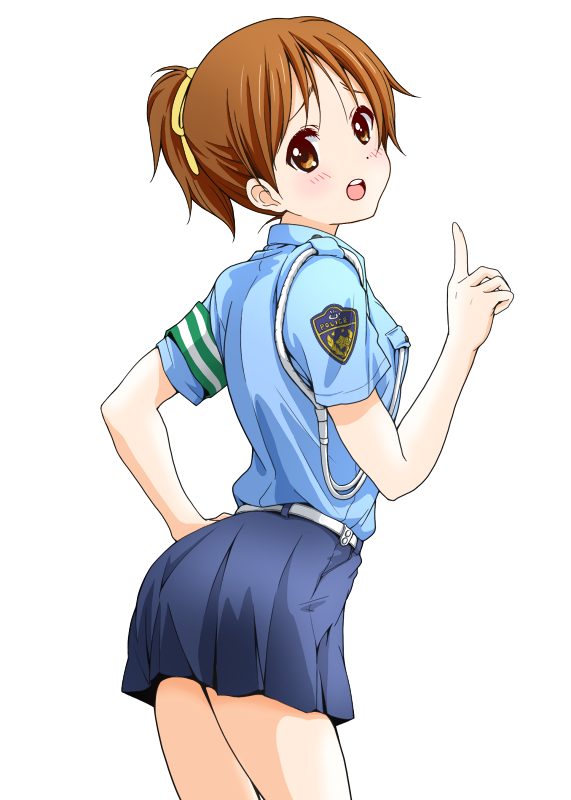 1girl, brown_eyes, brown_hair, dresstrip, hirasawa_ui, k-on!, police, police_uniform