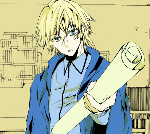 1boy, blonde_hair, blue_eyes, cloak, formal, hooded_cloak, kurda_smahlt, open_mouth, outstretched_arm, paper, short_hair, solo, the_saga_of_darren_shan