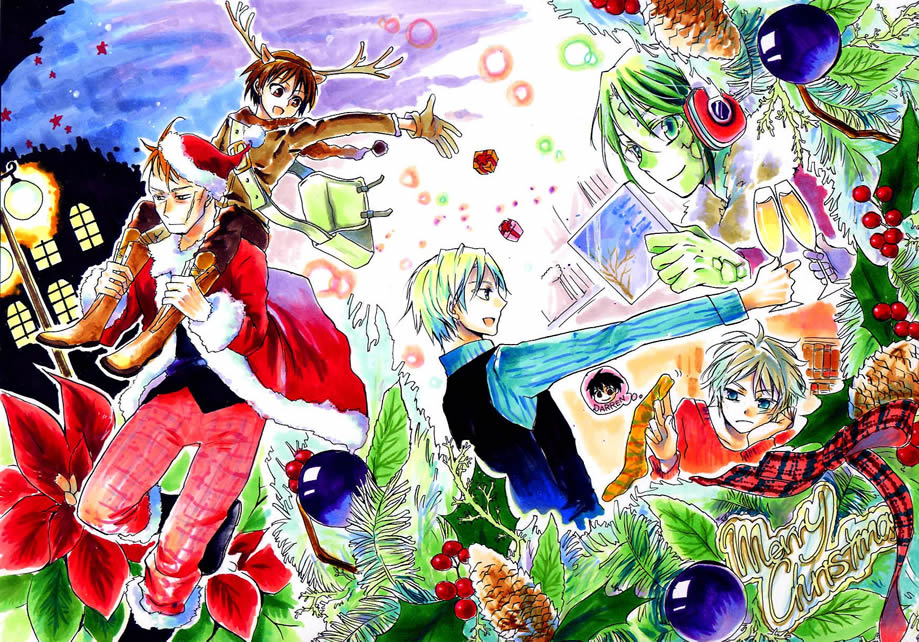 5boys, animal_costume, antlers, black_hair, blonde_hair, christmas, darren_shan, evra_von, flower, formal, gift, green_eyes, green_hair, hat, headphones, kurda_smahlt, larten_crepsley, long_hair, multiple_boys, necktie, open_mouth, piggyback, redhead, reindeer_antlers, reindeer_costume, santa_costume, santa_hat, scales, scar, short_hair, smile, socks, steve_leonard, the_saga_of_darren_shan, vest