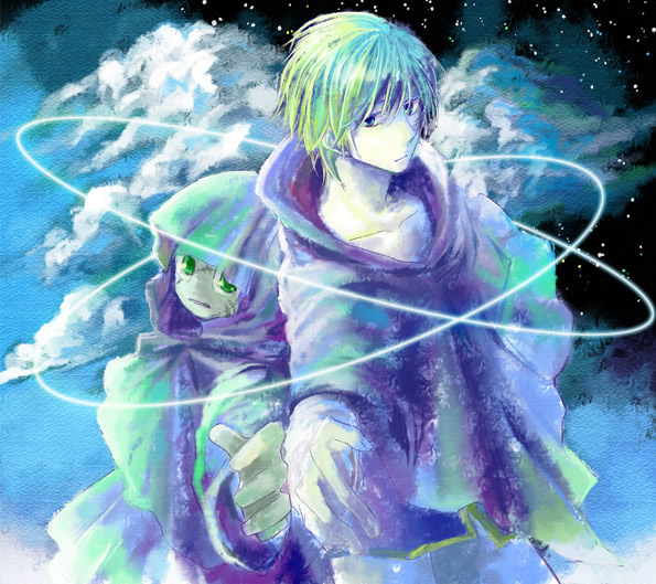 1boy, blonde_hair, blue_eyes, cloak, clouds, dual_persona, green_eyes, harkat_mulds