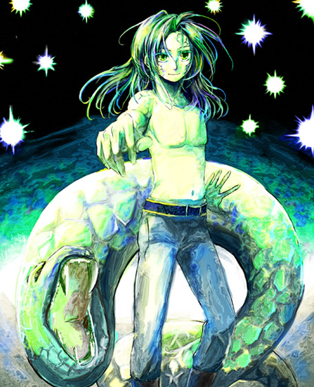 1boy, boots, evra_von, green_eyes, green_hair, long_hair, outstretched_arm, scales, smile, snake, solo, star, the_saga_of_darren_shan, topless