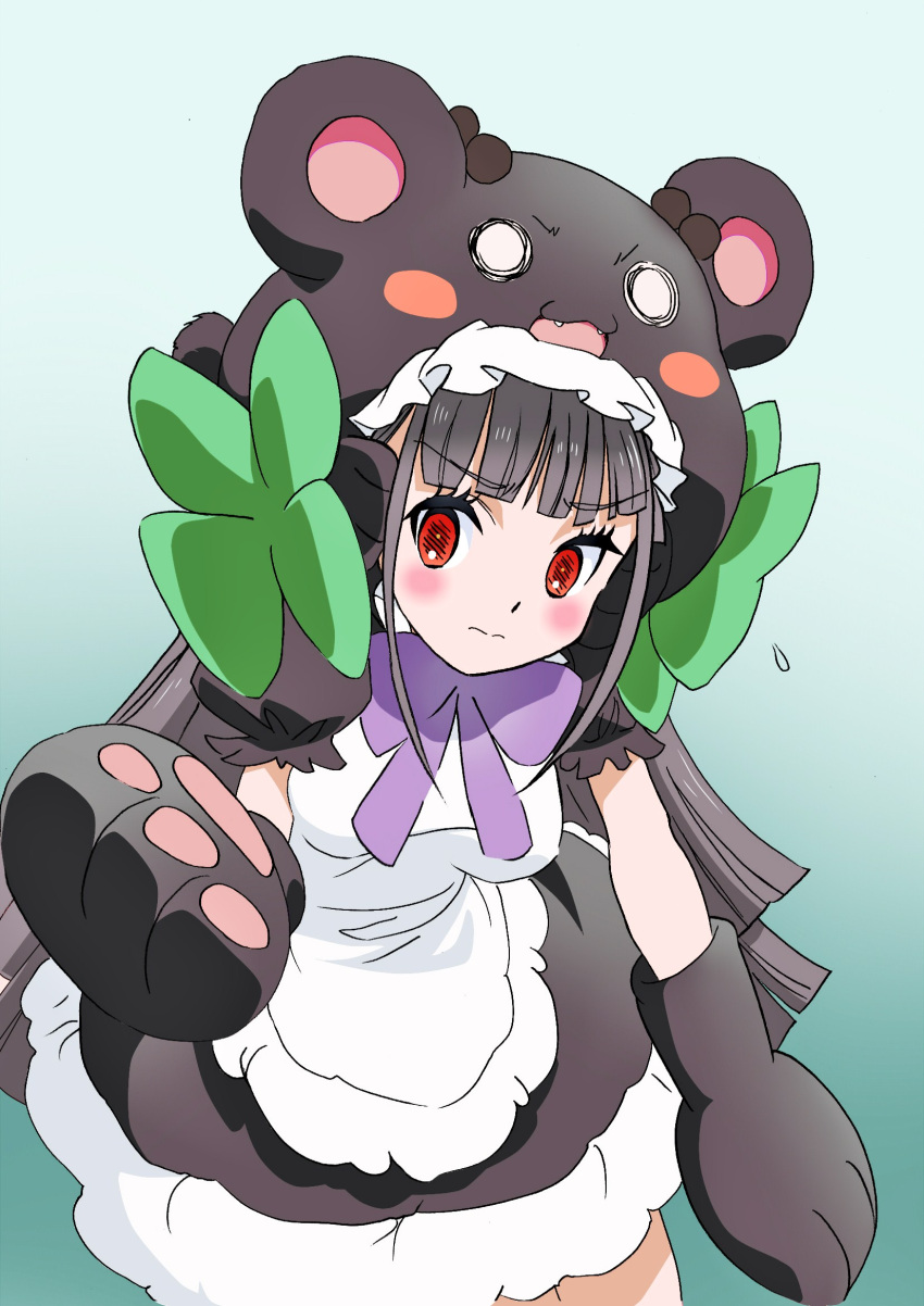 1girl, @_@, anyamal_tantei_kirumin_zoo, bangs, bear, bear_hat, bear_paws, blunt_bangs