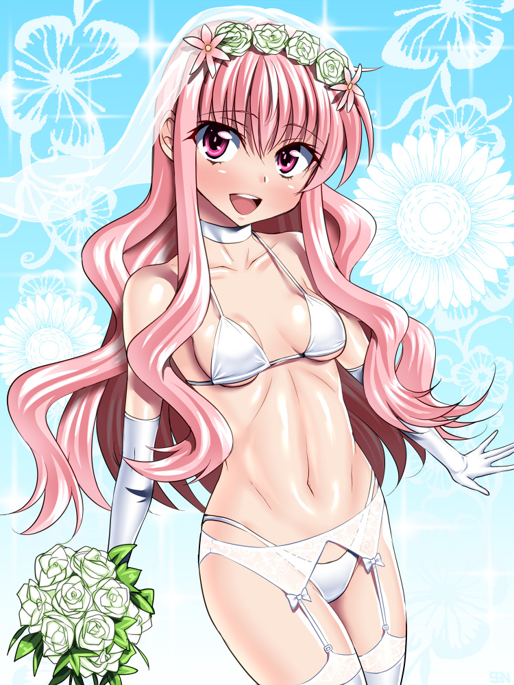 1girl, anzu_(onelelee), bikini, blush, bouquet, bridal_veil, choker, collarbone