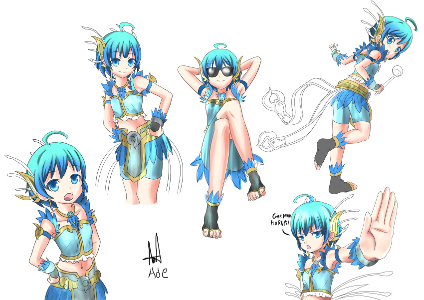 1girl, absurdres, ade-nyungsep, ahoge, barefoot, blue_eyes, blue_hair, character_sheet, hair_ornament, highres, open_mouth, original, pose, short_hair, smile, solo, sunglasses, traditional_clothes