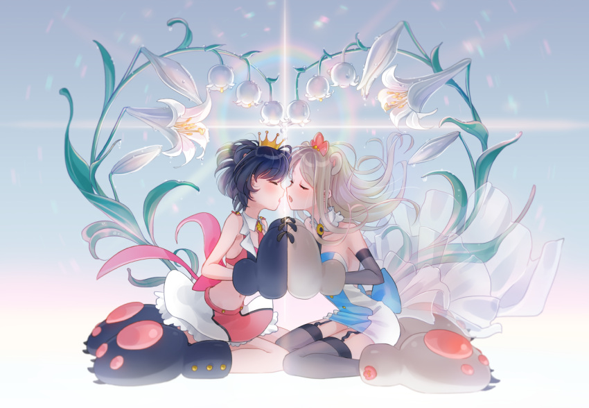 2girls, animal_ears, bear_ears, bear_paws, black_hair, blonde_hair, closed_eyes, crown