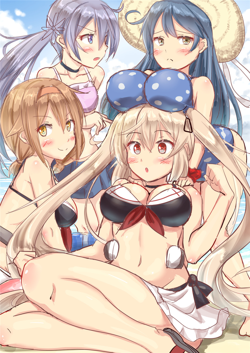 4girls, akebono_(kantai_collection), bare_shoulders, bikini, blonde_hair, blue_eyes, blue_hair, blush