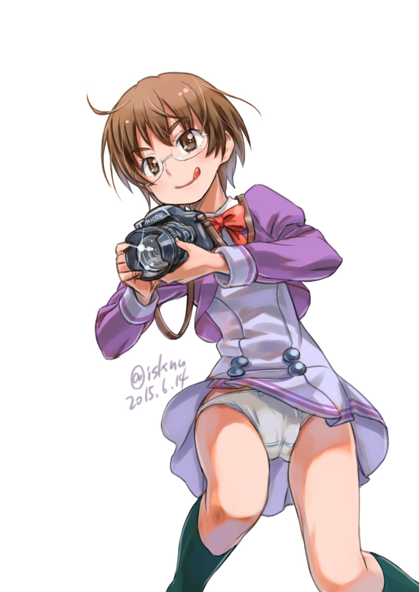 1girl, :q, absurdres, bow, brown_eyes, brown_hair, camera, dated