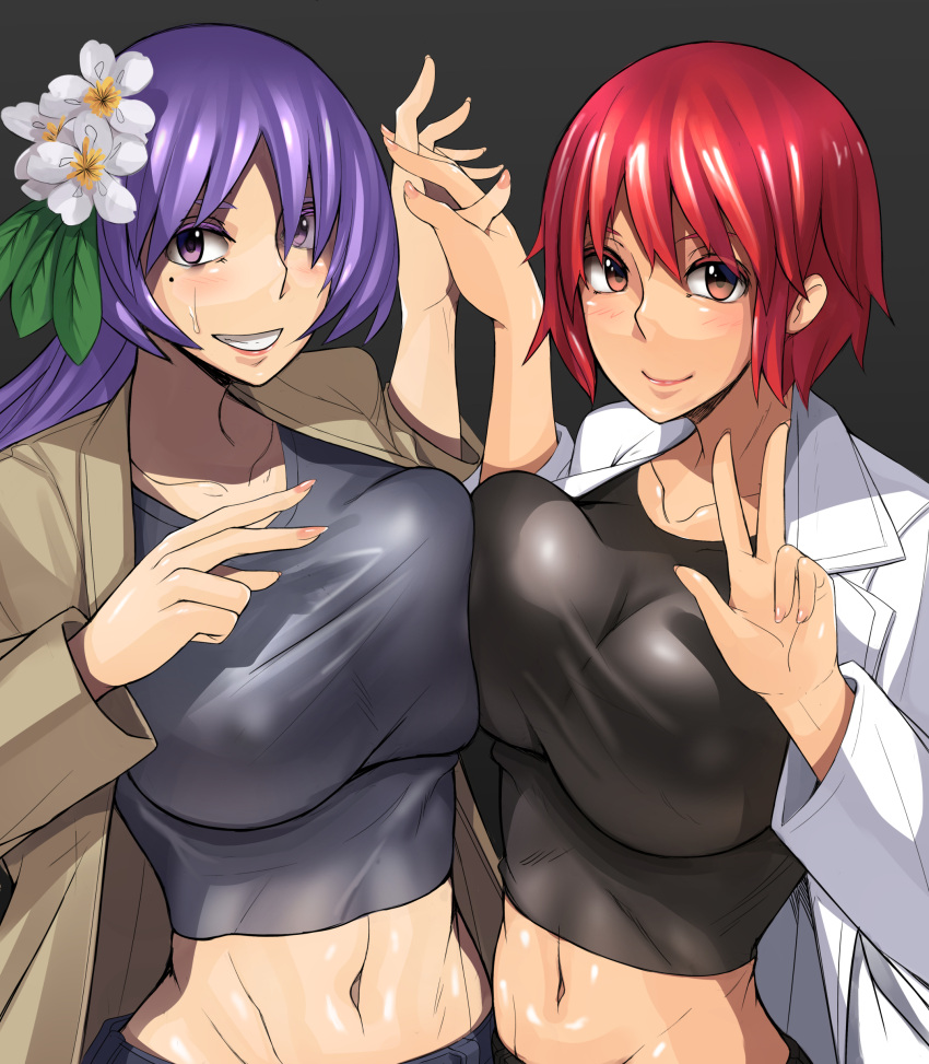 2girls, absurdres, ayakumo, blazer, breast_press, breasts, collarbone, eyes_visible_through_hair