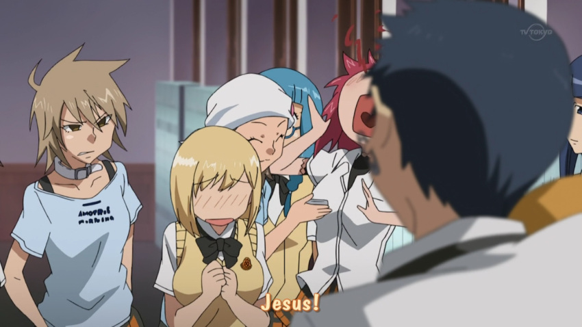 ando_nene, blonde_hair, blood, blue_hair, blush, brown_hair, cap, collar