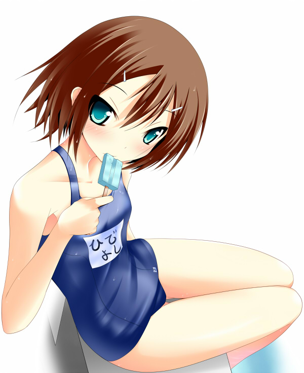 blue_eyes, crossdressing, kinoshita_hideyoshi, nana_(artist), one-piece_swimsuit, popsicle, school_swimsuit, swimsuit