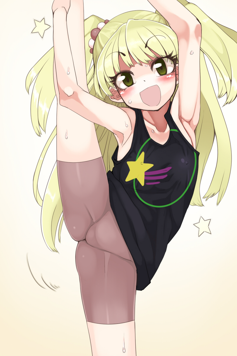 1girl, :d, armpits, bike_shorts, blonde_hair, blush, green_eyes, highres