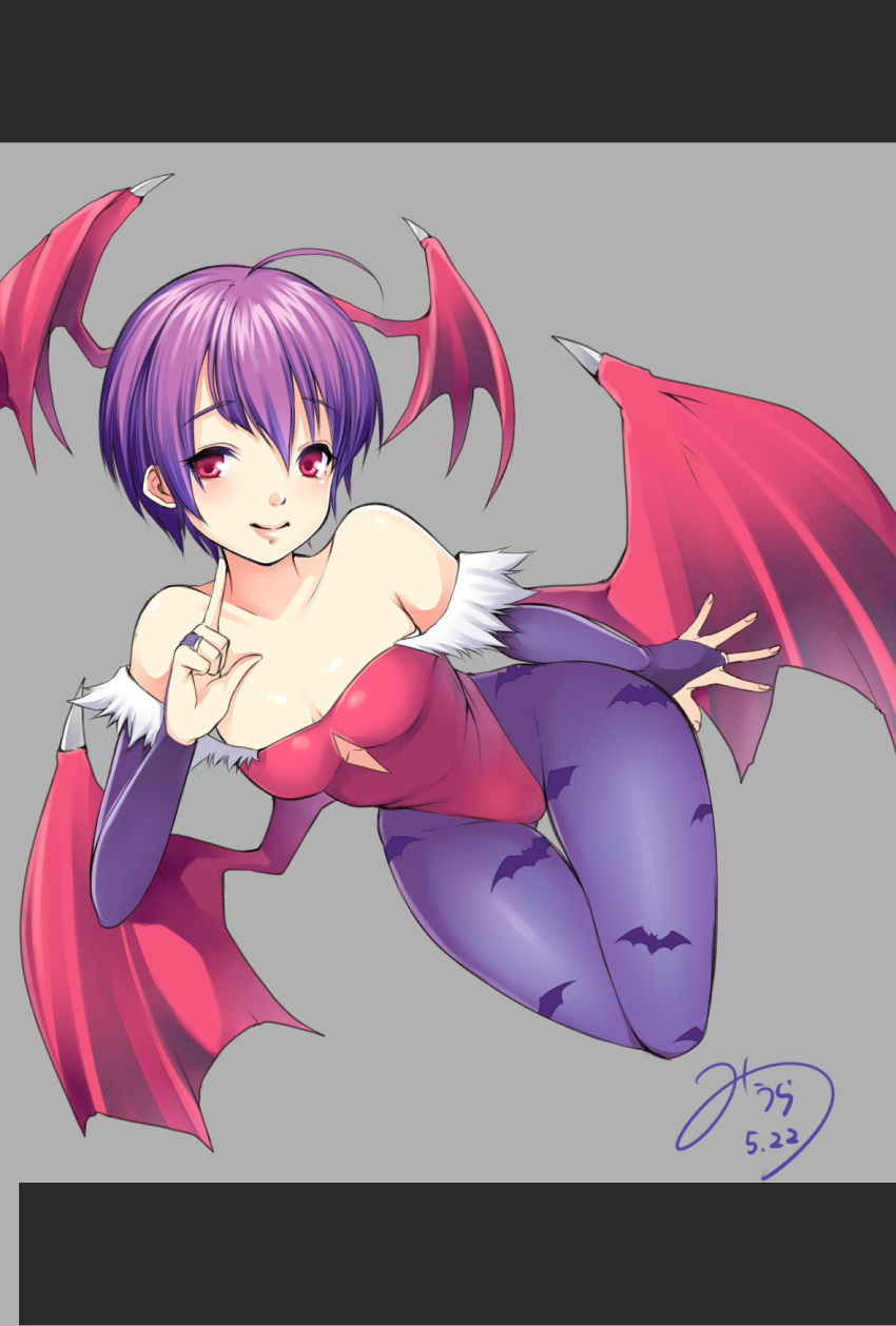 1girl, bare_shoulders, bat_wings, bridal_gauntlets, dated, demon_girl, head_wings, highres