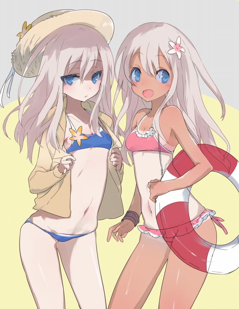 agu, bikini, blue_eyes, flat_chest, flower, hair_flower, hair_ornament, hat