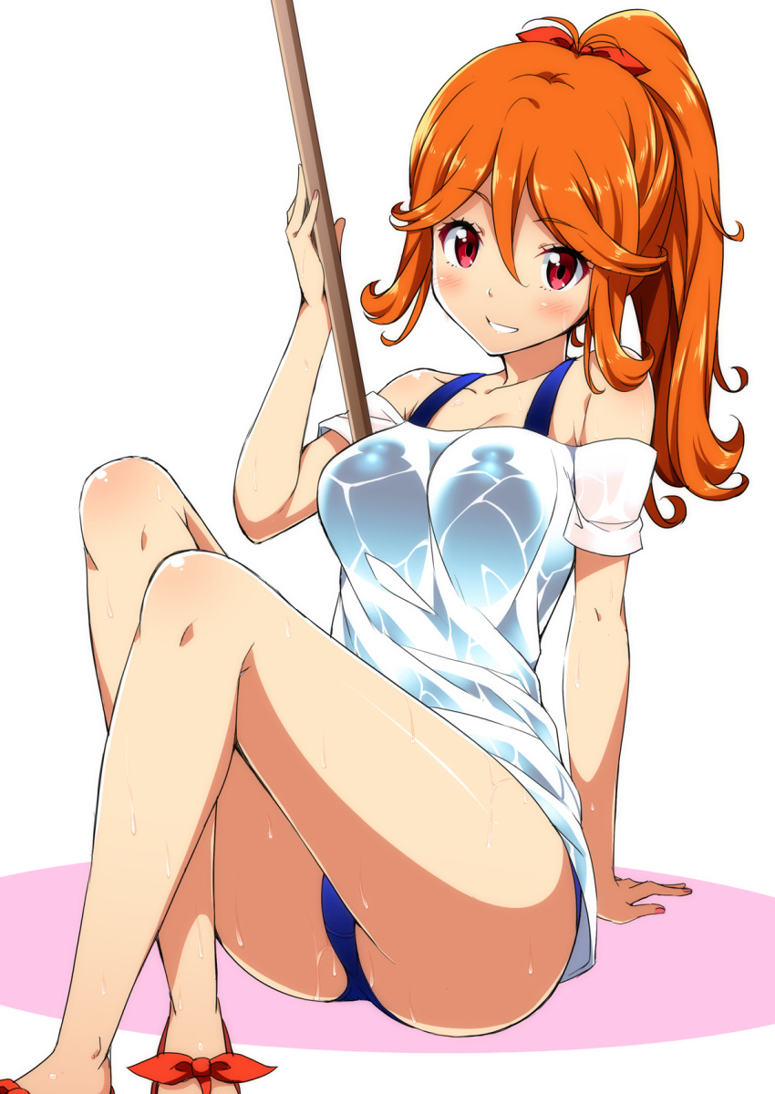 1girl, arm_support, blush, breasts, highres, looking_at_viewer, nectar_(fujiya), orange_hair