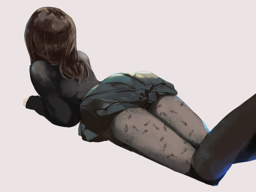 1girl, brown_hair, brown_legwear, from_behind, highres, lavender_background, looking_away, nyora_(soredemosekai)