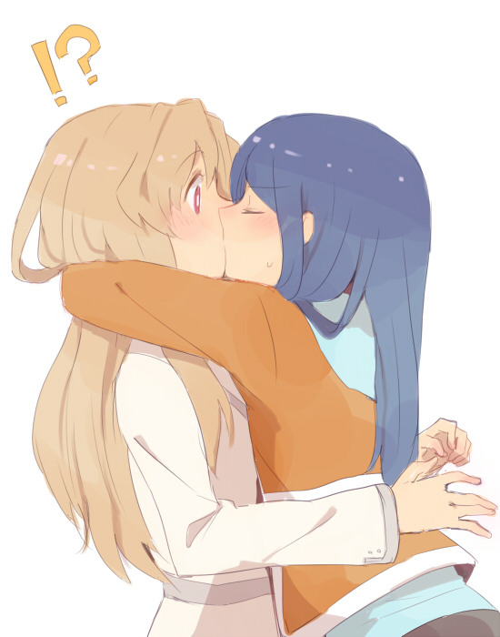 !?, 2girls, blonde_hair, blue_hair, blush, closed_eyes, fujino_shizuru, hug