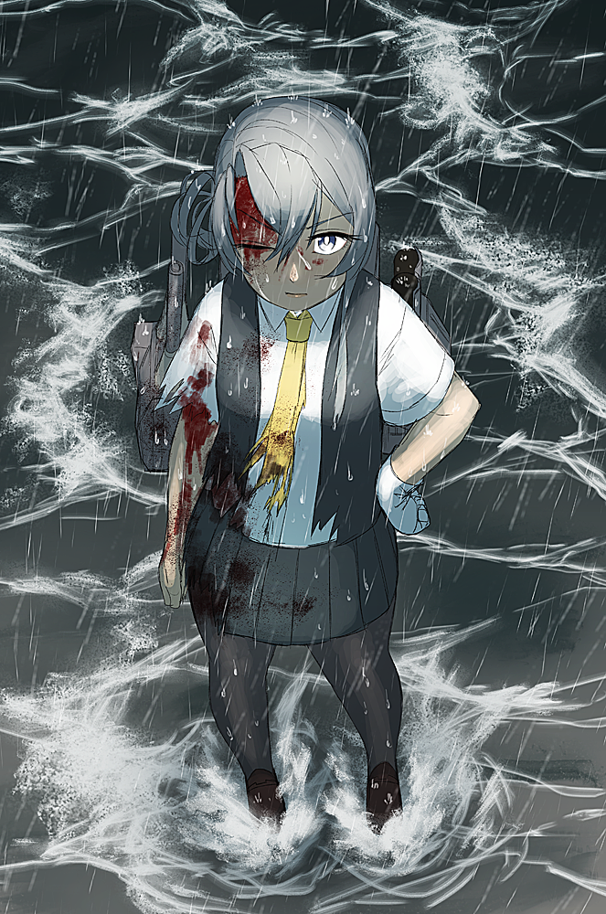 1girl, blood, gloves, hand_on_hip, injured, kantai_collection, necktie, nowaki_(kantai_collection)
