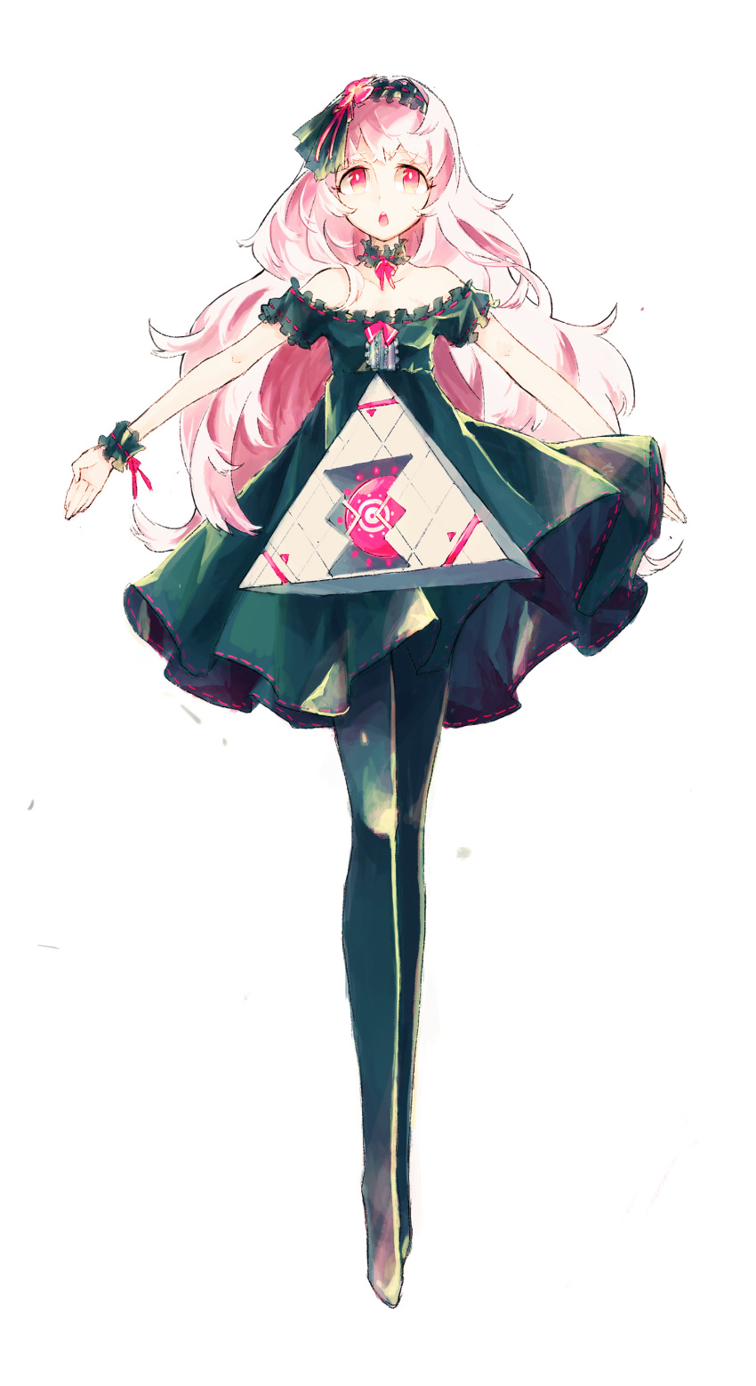 1girl, absurdres, black_legwear, bow, detached_collar, dress, floating, frilled_collar