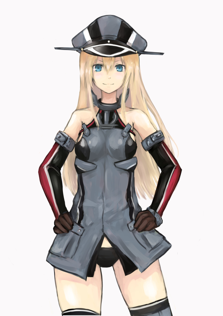 1girl, bare_shoulders, bismarck_(kantai_collection), black_panties, blonde_hair, blue_eyes, brown_gloves, collarbone, detached_sleeves, gloves, grey_legwear, hands_on_hips, hat, highres, kantai_collection, long_hair, long_sleeves, looking_at_viewer, military, military_uniform, panties, peaked_cap, revision, senaya_eru, solo, thigh-highs, underwear, uniform