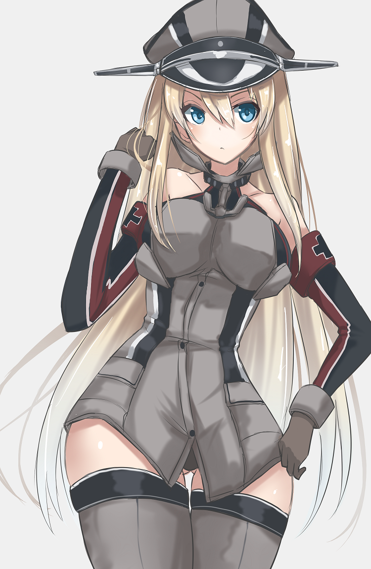 1girl, armband, bare_shoulders, bismarck_(kantai_collection), black_panties, blonde_hair, blue_eyes, brown_gloves
