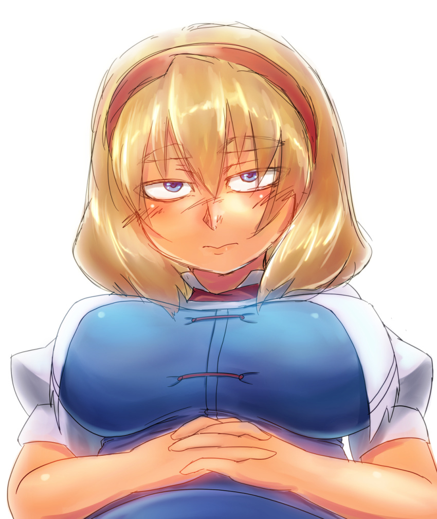 1girl, alice_margatroid, blonde_hair, blue_eyes, blush, breasts, capelet, eyebrows
