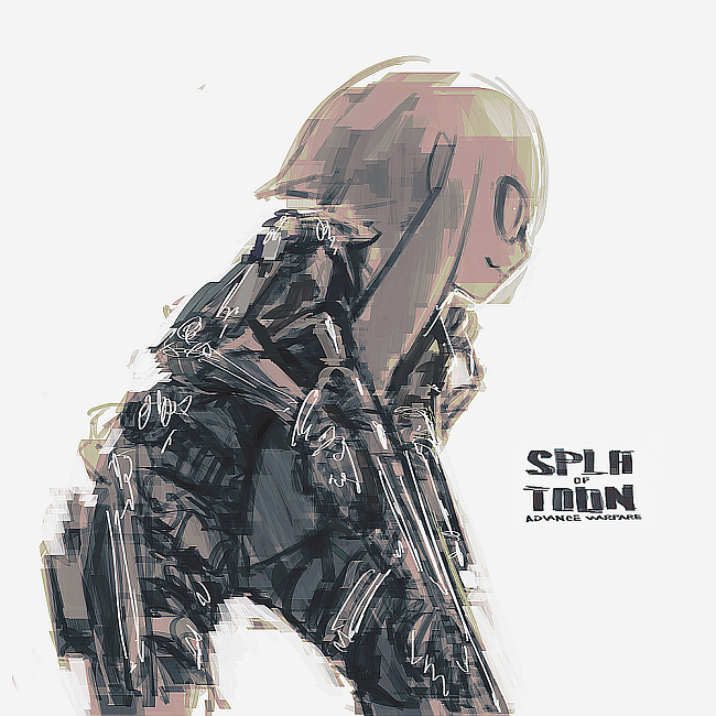 1girl, call_of_duty, call_of_duty:_advanced_warfare, copyright_name, gun, holding, holding_gun, inkling, long_hair, mask, military, military_uniform, parody, silver_background, simple_background, smile, solo, splatoon, tentacle_hair, uniform, weapon, yasushi