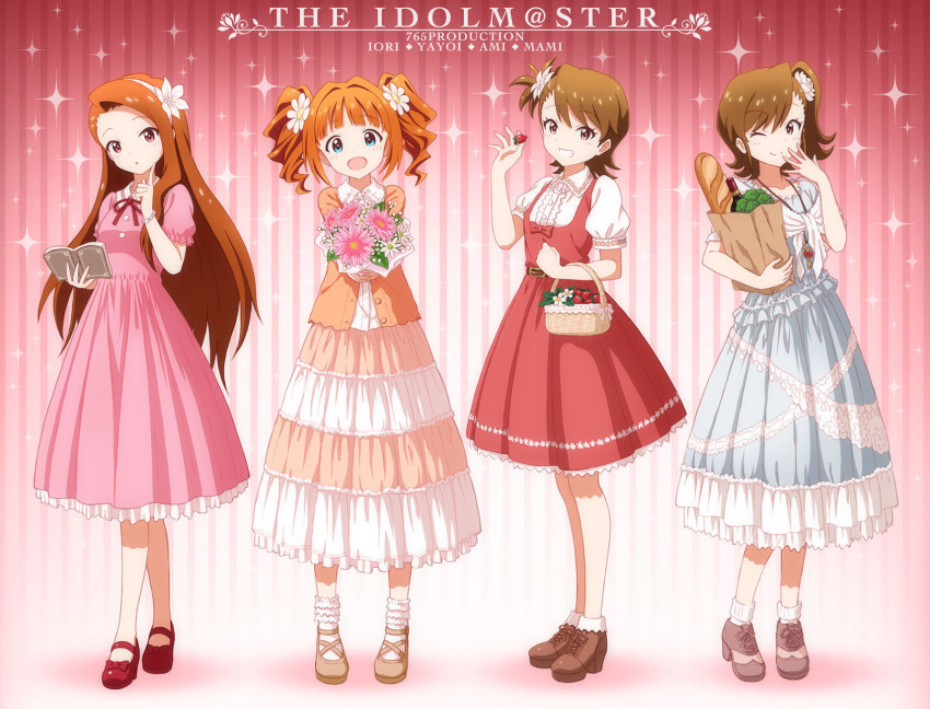 4girls, basket, blue_eyes, book, bouquet, bracelet, broccoli, brown_hair, finger_to_cheek, flower, food, fruit, futami_ami, futami_mami, grin, hair_flower, hair_ornament, hairband, highres, idolmaster, jewelry, key_necklace, loaf_of_bread, looking_at_viewer, minase_iori, multiple_girls, one_eye_closed, open_mouth, orange_hair, outsider_0, red_eyes, ribbon, siblings, side_ponytail, sisters, smile, sparkle, strawberry, takatsuki_yayoi, twins, twintails, wine_bottle